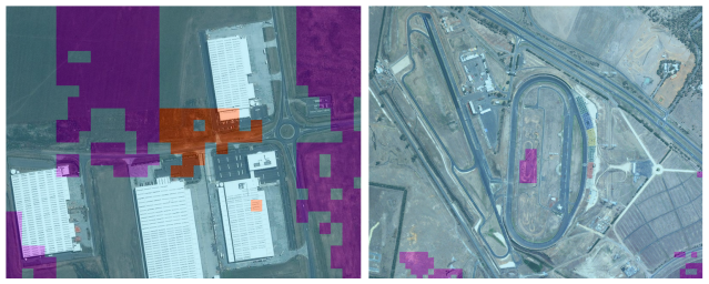 Figure 3. On the left, car parks and construction areas within Melbourne Airport grounds have been classified as Location Risk B (purple) and C (orange). On the right, parts of Calder Park Raceway have been classified as Location Risk B (purple). 