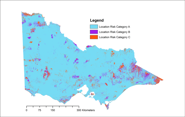 Figure 1. The modelled Location Risk map for Victoria. [Source: Native Vegetation Regulation (2013) Location Risk version 2 - 25m resolution, DataSearch Victoria http://services.land.vic.gov.au/SpatialDatamart/index.jsp)