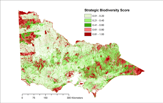 Figure 2. The modelled Strategic Biodiversity Score map for Victoria. (Scores are continuous but have been classified for display purposes) [Source: Native Vegetation Regulation (2013) Strategic Biodiversity Score version 2, DataSearch Victoria http://services.land.vic.gov.au/SpatialDatamart/index.jsp]